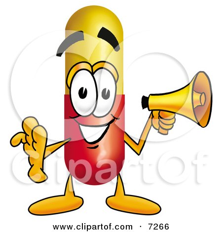 Clipart Picture of a Medicine Pill Capsule Mascot Cartoon Character Holding a Megaphone by Mascot Junction