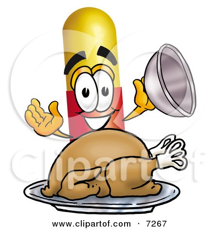 Clipart Picture of a Medicine Pill Capsule Mascot Cartoon Character Serving a Thanksgiving Turkey on a Platter by Mascot Junction