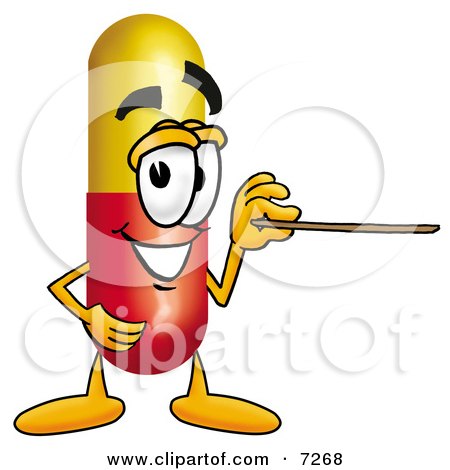 Clipart Picture of a Medicine Pill Capsule Mascot Cartoon Character Holding a Pointer Stick by Mascot Junction