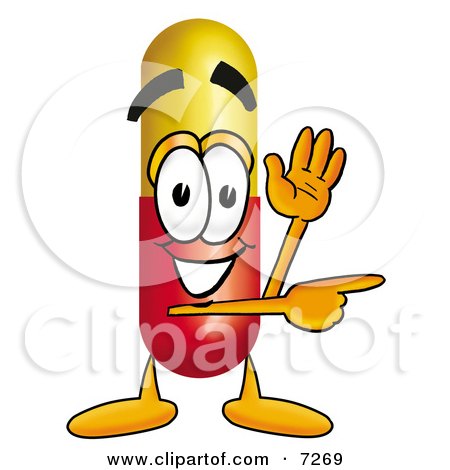 Clipart Picture of a Medicine Pill Capsule Mascot Cartoon Character Waving and Pointing by Mascot Junction