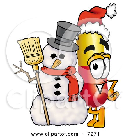 Clipart Picture of a Medicine Pill Capsule Mascot Cartoon Character With a Snowman on Christmas by Mascot Junction