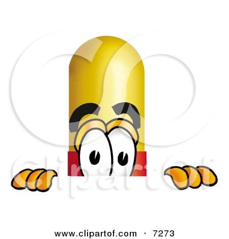Clipart Picture of a Medicine Pill Capsule Mascot Cartoon Character Peeking Over a Surface by Mascot Junction