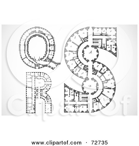 Royalty-Free (RF) Clipart Illustration of a Digital Collage Of Architectural Black And White Blueprint Styled Letters Q, R, And S by BestVector