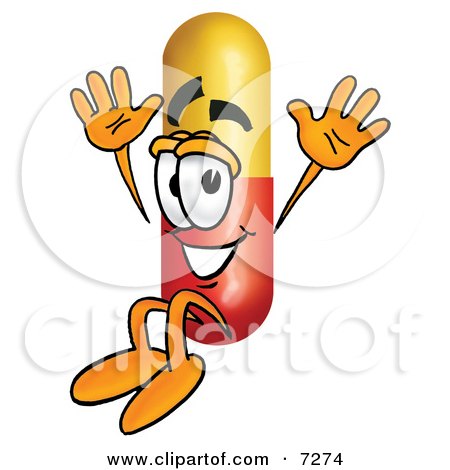 Clipart Picture of a Medicine Pill Capsule Mascot Cartoon Character Jumping by Mascot Junction