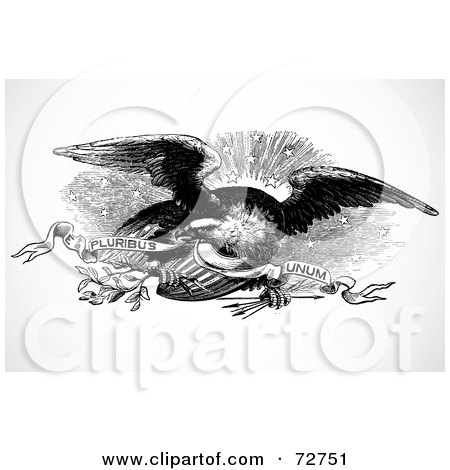 Royalty-Free (RF) Clipart Illustration of a Black And White Eagle Flying With A Shield, Arrows, Leaves And Banner by BestVector