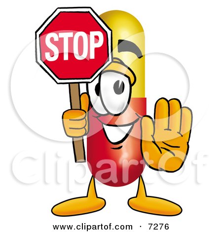 Clipart Picture of a Medicine Pill Capsule Mascot Cartoon Character Holding  a Stop Sign by Toons4Biz #7276