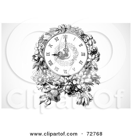 Royalty-Free (RF) Clipart Illustration of a Black And White Wall Clock With Flowers by BestVector