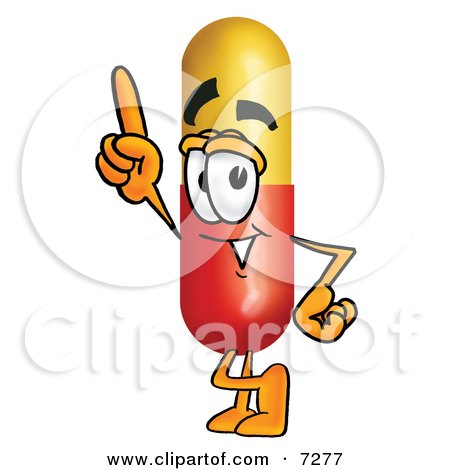 Clipart Picture of a Medicine Pill Capsule Mascot Cartoon Character Pointing Upwards by Mascot Junction