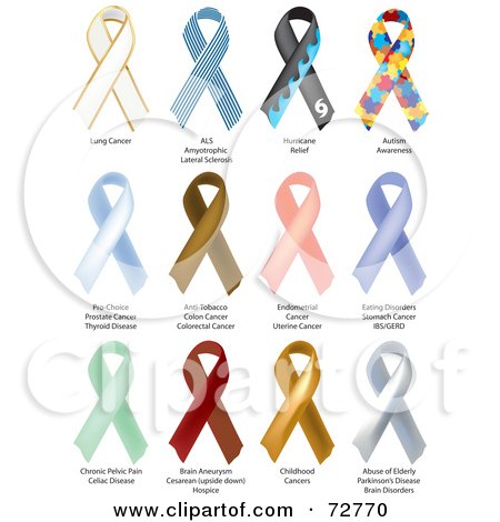 Royalty-Free (RF) Clipart Illustration of a Digital Collage Of White, Striped, Wave, Autism, Blue, Brown, Pink, Blue, Green, Red, Gold And White Awareness Ribbons With Labels by inkgraphics