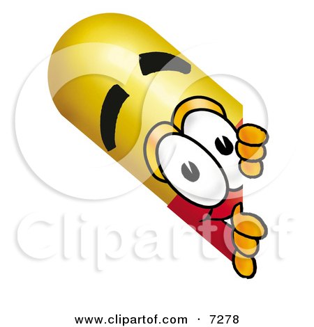 Clipart Picture of a Medicine Pill Capsule Mascot Cartoon Character Peeking Around a Corner by Mascot Junction