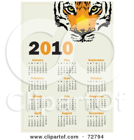 Royalty-Free (RF) Clipart Illustration of a Black And Orange Tiger 2010 Year Calendar Showing All Months by Eugene