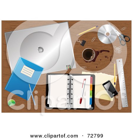 Royalty-Free (RF) Clipart Illustration of a Cluttered Wooden Desk Top With Spilled Coffee, A Planner, Touch Phone And Other Office Supplies by Eugene