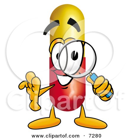 Clipart Picture of a Medicine Pill Capsule Mascot Cartoon Character Looking Through a Magnifying Glass by Mascot Junction