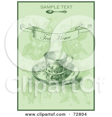 Royalty-Free (RF) Clipart Illustration of a Vintage Green Tea Menu Cover With Sample Text And A Cup On A Saucer by Eugene