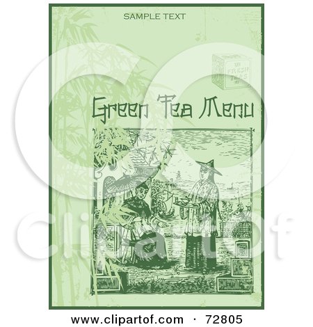 Royalty-Free (RF) Clipart Illustration of a Vintage Green Tea Beverage Menu Cover With Sample Text And A Servant Carrying Tea by Eugene
