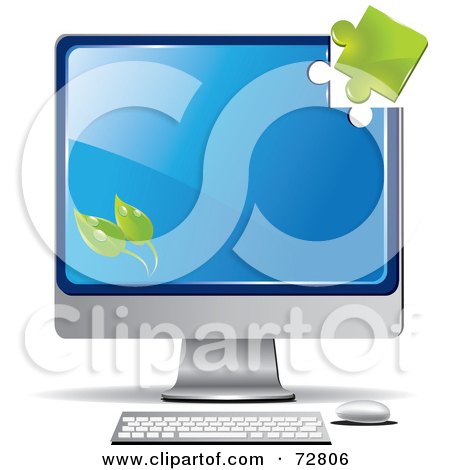 Royalty-Free (RF) Clipart Illustration of a Green Puzzle Piece Above The Corner Of A Green Computer Screen With Leaves by Eugene