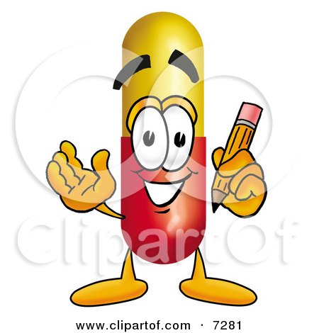 Clipart Picture of a Medicine Pill Capsule Mascot Cartoon Character Holding a Pencil by Mascot Junction