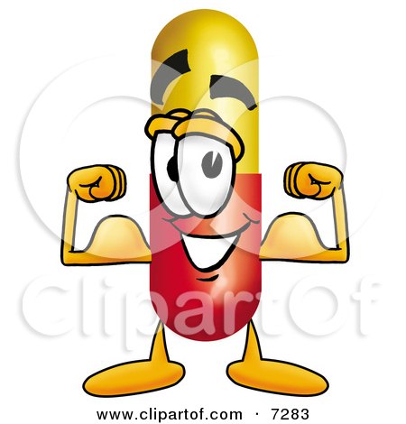 Clipart Picture of a Medicine Pill Capsule Mascot Cartoon Character Flexing His Arm Muscles by Mascot Junction