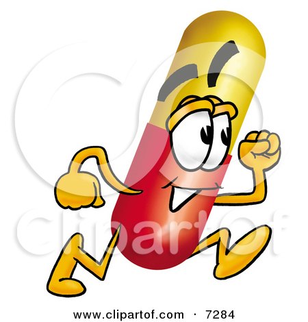Clipart Picture of a Medicine Pill Capsule Mascot Cartoon Character Running by Mascot Junction