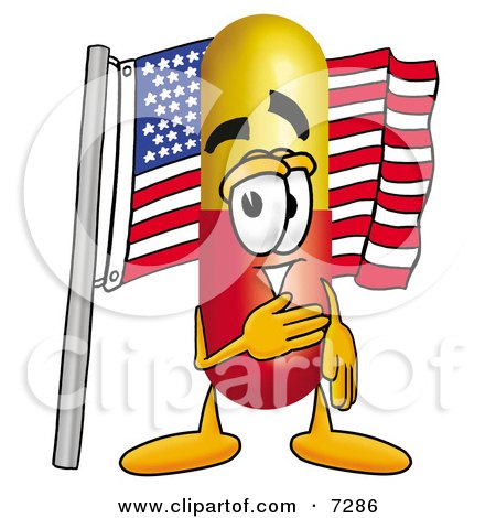 Clipart Picture of a Medicine Pill Capsule Mascot Cartoon Character Pledging Allegiance to an American Flag by Mascot Junction