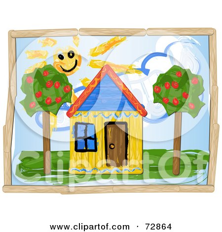 Royalty-Free (RF) Clipart Illustration of a Child Like Drawing Of A Yellow House Under The Sun With Trees by r formidable