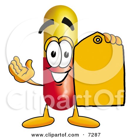 Clipart Picture of a Medicine Pill Capsule Mascot Cartoon Character Holding an Orange Sales Price Tag by Mascot Junction