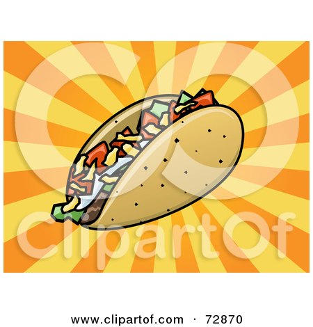 Royalty-Free (RF) Clipart Illustration of a Crunchy Taco With Veggies And Cheese On An Orange Burst by r formidable
