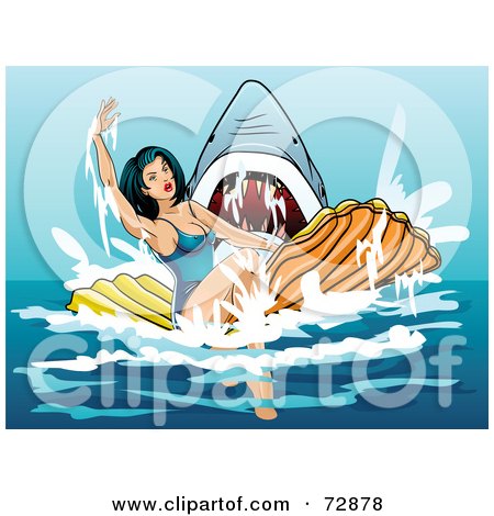 Royalty-Free (RF) Clipart Illustration of a Sexy Pinup Woman On A Floatie, Being Attacked By A Shark by r formidable