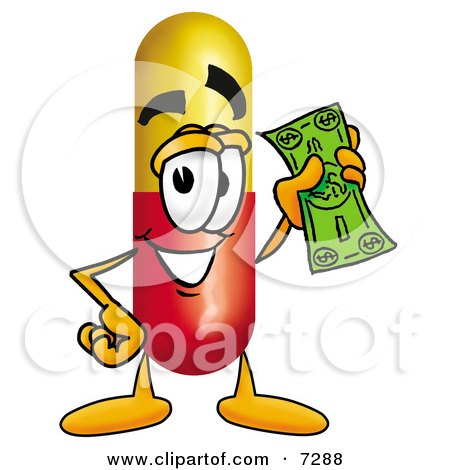 Clipart Picture of a Medicine Pill Capsule Mascot Cartoon Character Holding a Dollar Bill by Mascot Junction