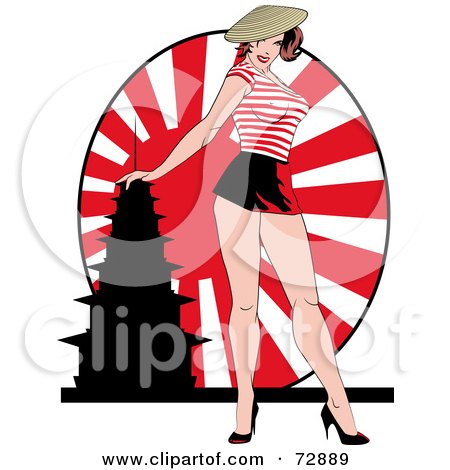 Royalty-Free (RF) Clipart Illustration of a Sexy Pinup Woman Standing In Front Of A Japan Flag by r formidable