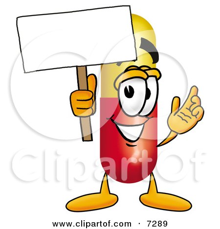 Clipart Picture of a Medicine Pill Capsule Mascot Cartoon Character Holding a Blank Sign by Mascot Junction