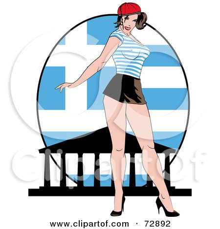 Royalty-Free (RF) Clipart Illustration of a Sexy Pinup Woman Standing In Front Of A Greece Flag by r formidable