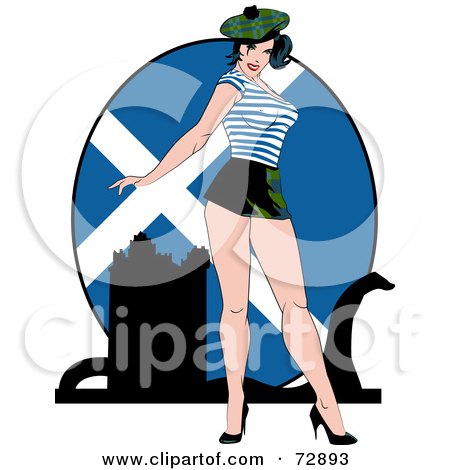 Royalty-Free (RF) Clipart Illustration of a Sexy Pinup Woman Standing In Front Of A Scotland Flag by r formidable