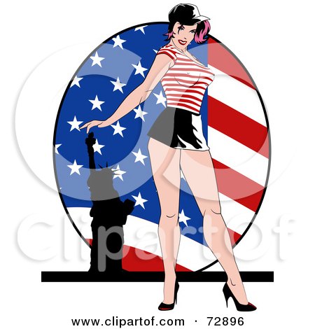 Royalty-Free (RF) Clipart Illustration of a Sexy Pinup Woman Standing In Front Of An American Flag by r formidable