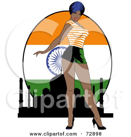 Royalty-Free (RF) Clipart Illustration of a Sexy Pinup Woman Standing In Front Of An Indian Flag by r formidable