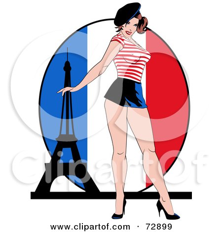 Royalty-Free (RF) Clipart Illustration of a Sexy Pinup Woman Standing In Front Of A French Flag And Eiffel Tower by r formidable