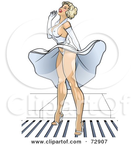 Royalty-Free (RF) Clipart Illustration of a Sexy Blond Pinup Woman Standing Over An Air Vent, The Wind Blowing Up Her Dress by r formidable