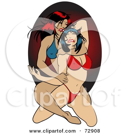 Royalty-Free (RF) Clipart Illustration of Two Wrestling Pinup Women In Bikinis Over A Red Oval by r formidable