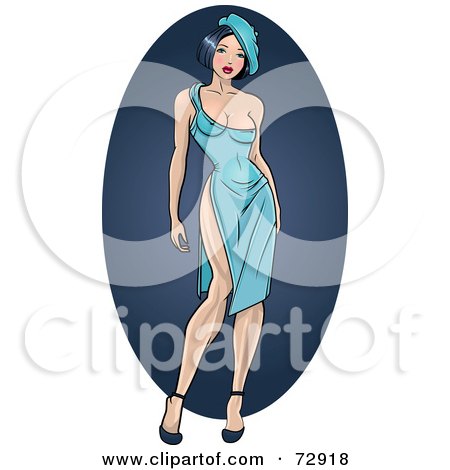 Royalty-Free (RF) Clipart Illustration of a Sexy French Pinup Woman In A Blue Dress And A Beret Hat by r formidable