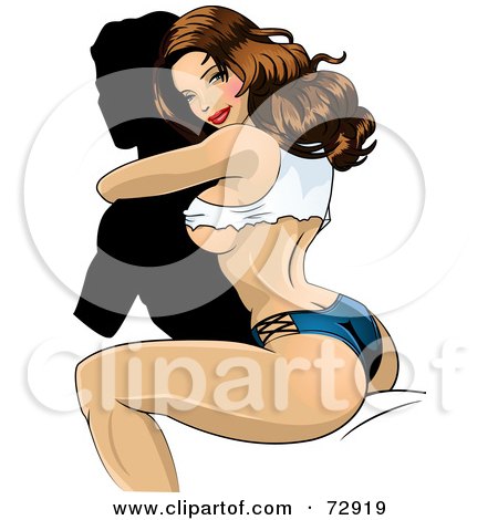 Royalty-Free (RF) Clipart Illustration of a Sexy Pinup Woman Riding Piggy Back On A Silhouetted Man by r formidable