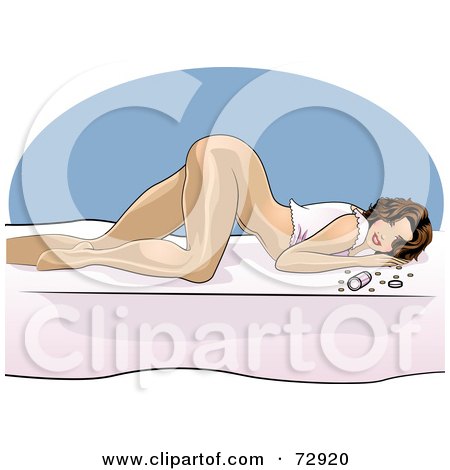 Royalty-Free (RF) Clipart Illustration of a Sexy Half Nude Brunette Pinup Woman Laying By Pills On A Bed by r formidable