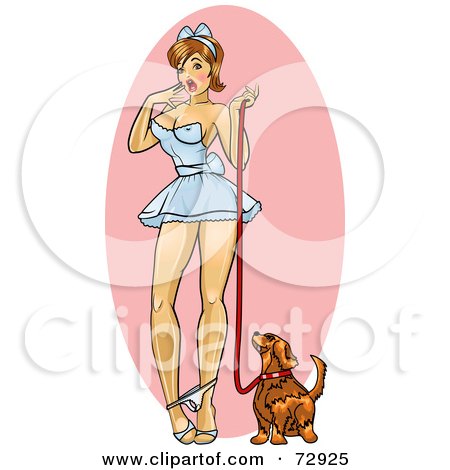 Royalty-Free (RF) Clipart Illustration of a Surprised Sexy Pinup Woman With Her Panties By Her Ankles, Walking Her Dog by r formidable