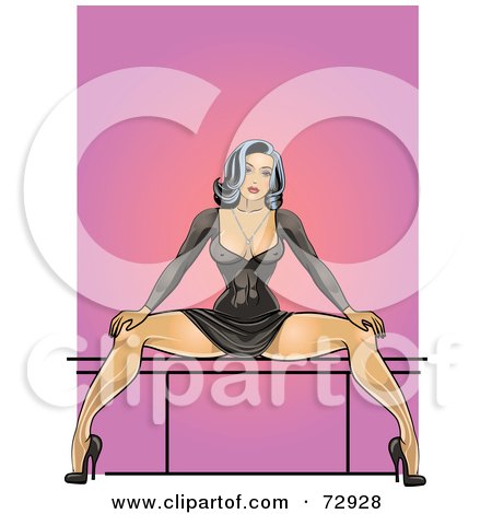 Royalty-Free (RF) Clipart Illustration of a Sexy Pinup Woman In A Black Dress, Sitting With Her Legs Spread Wide by r formidable