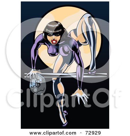 Royalty-Free (RF) Clipart Illustration of a Sexy Female Robber Carrying A Sack Of Money And Climbing In Front Of A Full Moon by r formidable