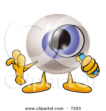 Clipart Picture of an Eyeball Mascot Cartoon Character Looking Through a Magnifying Glass by Mascot Junction