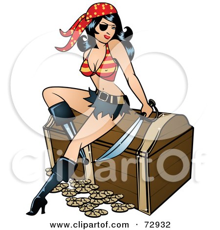 Royalty-Free (RF) Clipart Illustration of a Sexy Pirate Pinup Woman With A Peg Leg, Sitting On A Treasure Chest by r formidable