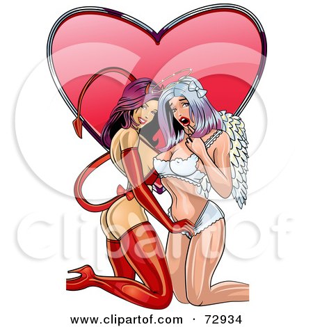 Royalty-Free (RF) Clipart Illustration of Sexy Devil And Angel Pinup Women Kneeling In Front Of A Heart by r formidable