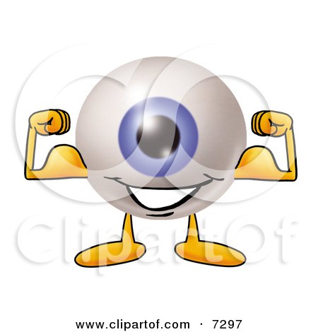 Clipart Picture of an Eyeball Mascot Cartoon Character Flexing His Arm Muscles by Mascot Junction