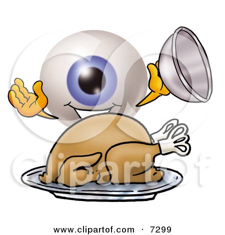 Clipart Picture of an Eyeball Mascot Cartoon Character Serving a Thanksgiving Turkey on a Platter by Mascot Junction