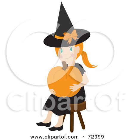 Royalty-Free (RF) Clipart Illustration of a Happy White Girl In A With Costume, Sitting And Holding A Halloween Pumpkin by Rosie Piter